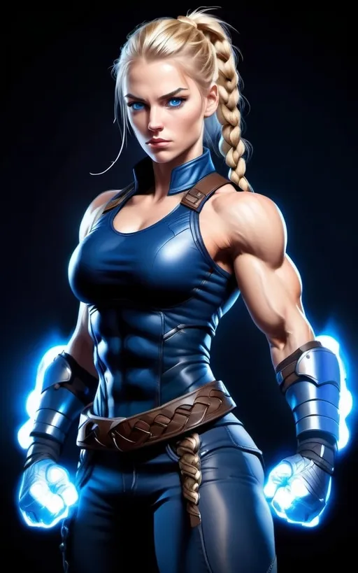 Prompt:  Female figure. Greater bicep definition. Dark Blue eyes. Blonde braided ponytail. Fierce combat stance. Raging Gravity-powered Gauntlets. 