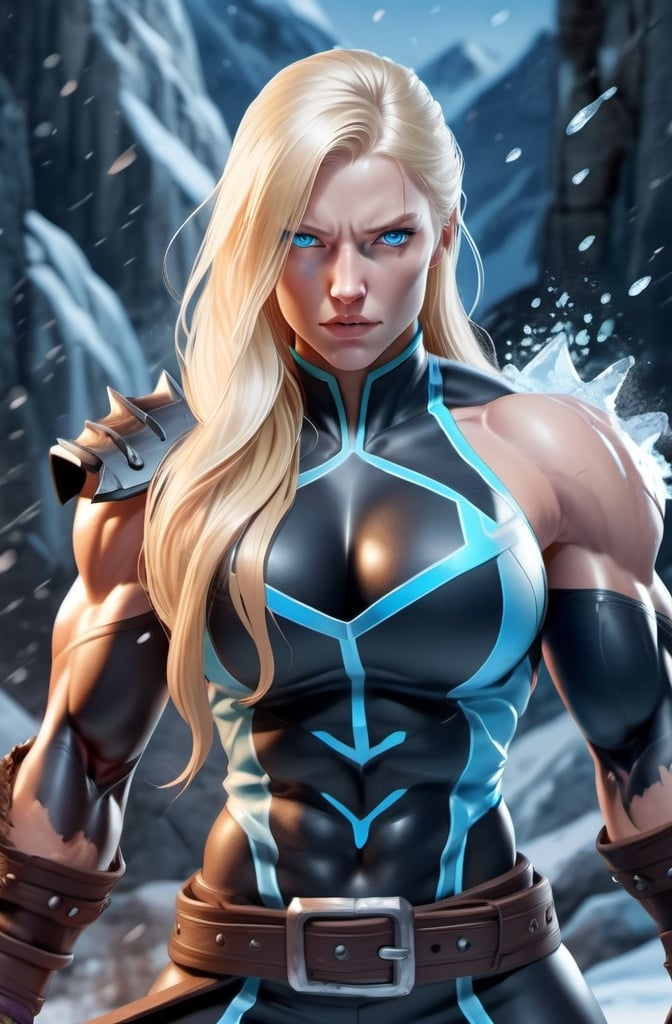 Prompt: Female figure. Greater bicep definition. Sharper, clearer blue eyes. Nosebleed. Long Blonde hair flapping. Frostier, glacier effects. Fierce combat stance. Raging Fists. Icy Knuckles.