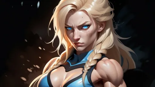 Prompt: Female figure. Greater bicep definition. Sharper, clearer blue eyes. Nosebleed. Long Blonde hair flapping. Frostier, glacier effects. Fierce combat stance. Raging Fists. Icy Knuckles.