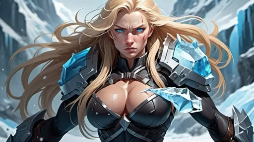 Prompt: Female figure. Greater bicep definition. Sharper, clearer blue eyes. Nosebleed. Long Blonde hair flapping. Frostier, glacier effects. Fierce combat stance. Icy Knuckles. 