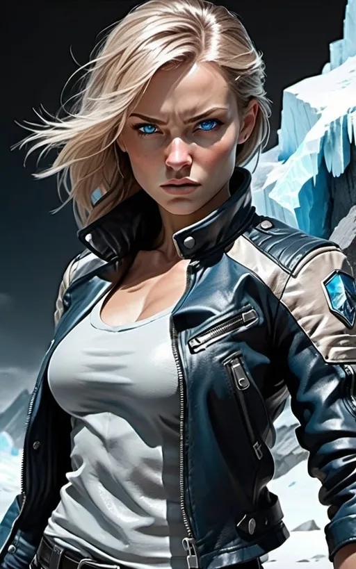 Prompt: Female figure. Greater bicep definition. Sharper, clearer blue eyes.  Frostier, glacier effects. Fierce combat stance. Leather Jacket. 