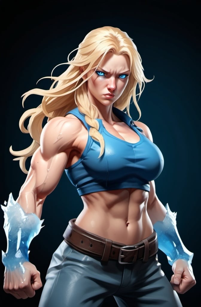 Prompt: Female figure. Greater bicep definition. Sharper, clearer blue eyes. Nosebleed. Long Blonde hair flapping. Frostier, glacier effects. Fierce combat stance. Raging Fists. Icy Knuckles.  