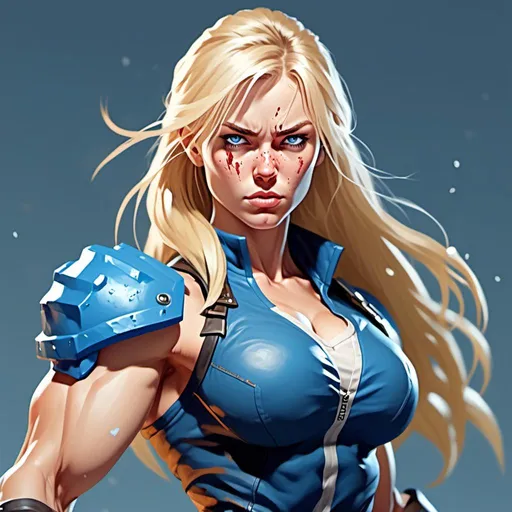 Prompt: Female figure. Greater bicep definition. Sharper, clearer blue eyes. Nosebleed. Long Blonde hair flapping. Frostier, glacier effects. Fierce combat stance. Icy Knuckles. <mymodel>