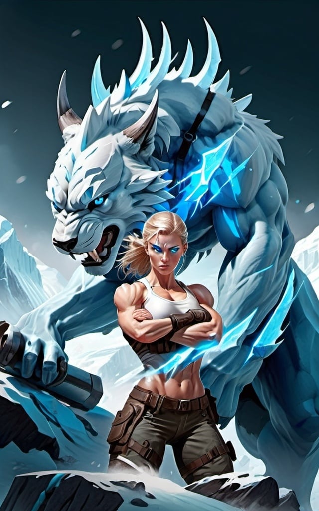 Prompt: Female figure. Greater bicep definition. Sharper, clearer blue eyes.  Frostier, glacier effects. Fierce combat stance. 