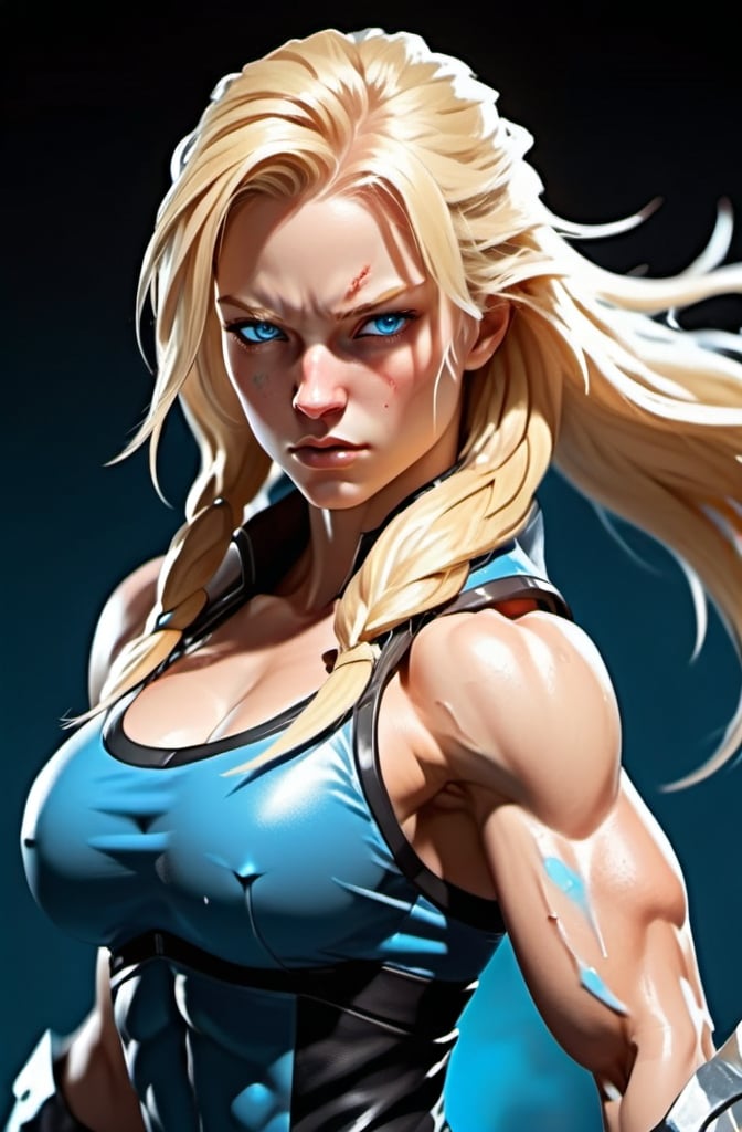 Prompt: Female figure. Greater bicep definition. Sharper, clearer blue eyes. Nosebleed. Long Blonde hair flapping. Frostier, glacier effects. Fierce combat stance. Icy Knuckles.