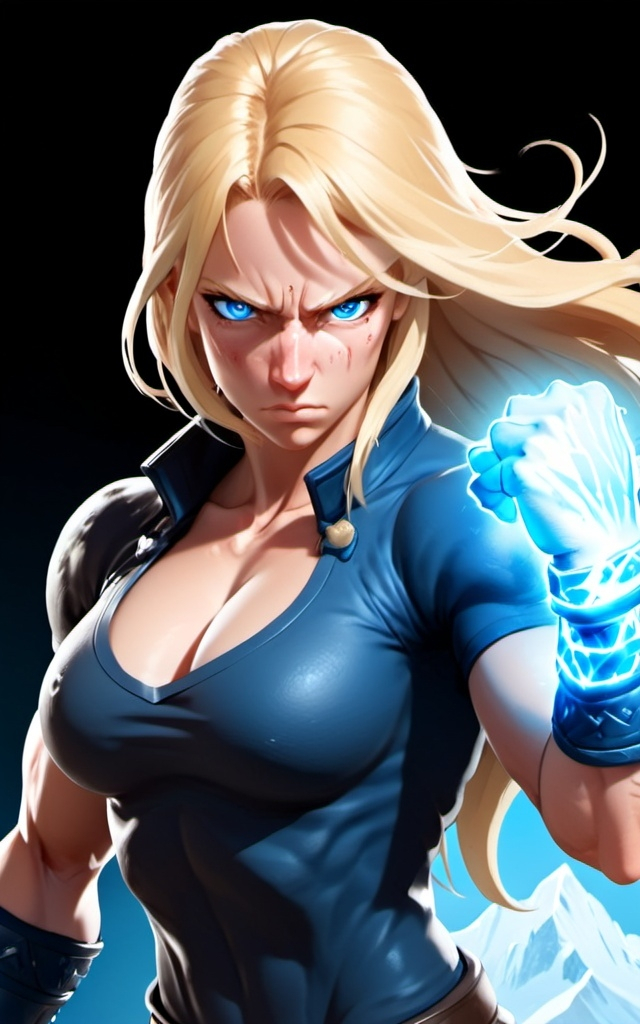 Prompt: Female figure. Greater bicep definition. Sharper, clearer blue eyes. Nosebleed. Long Blonde hair flapping. Frostier, glacier effects. Fierce combat stance. Raging Fists. Icy Knuckles. 