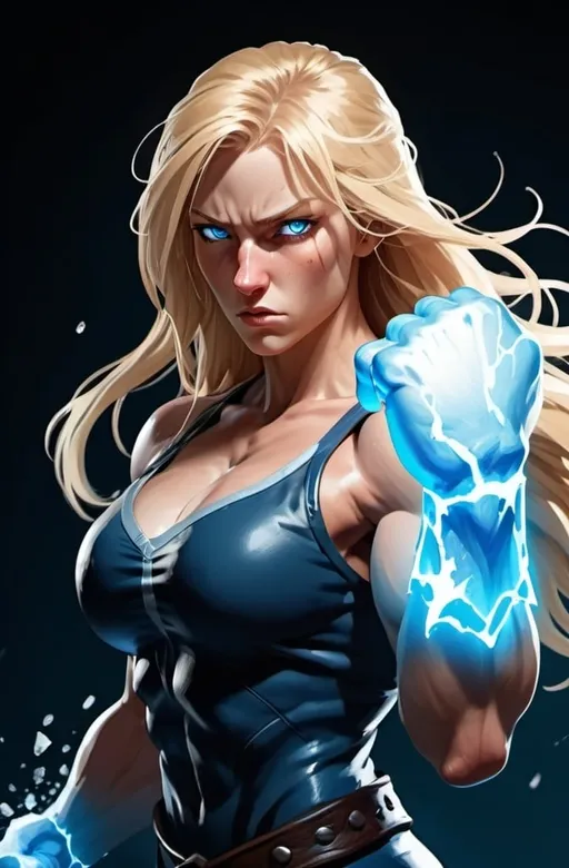 Prompt: Female figure. Greater bicep definition. Sharper, clearer blue eyes. Nosebleed. Long Blonde hair flapping. Frostier, glacier effects. Fierce combat stance. Raging Fists. Icy Knuckles.