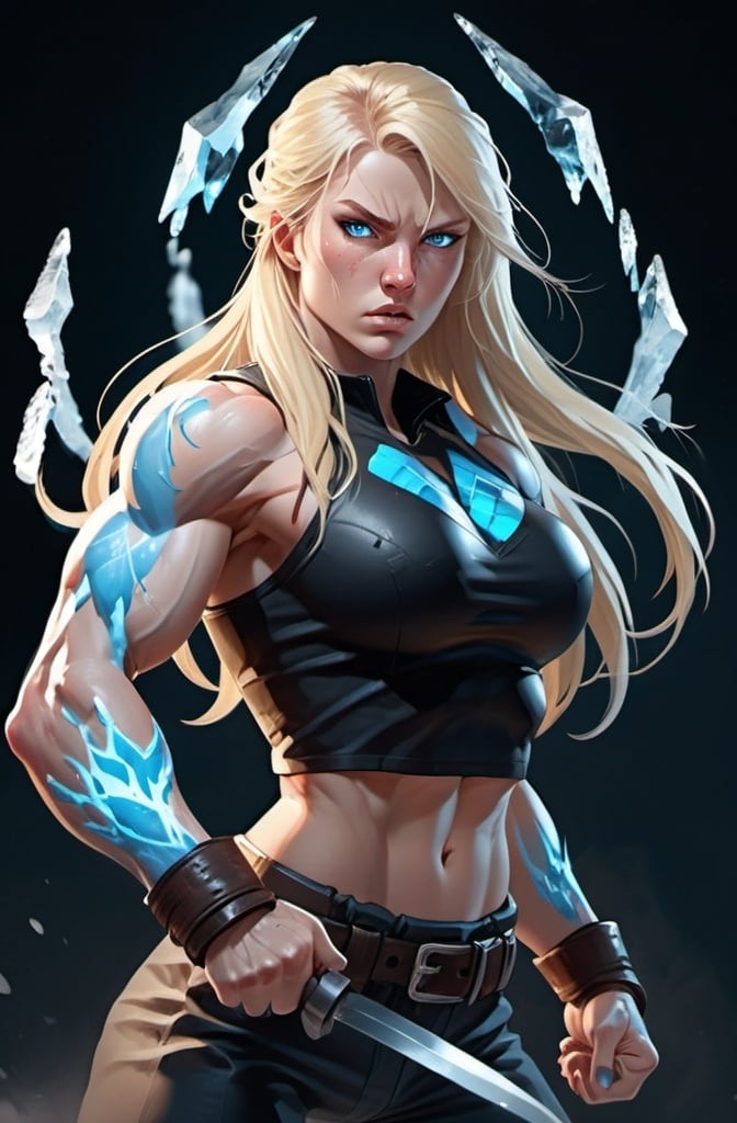 Prompt: Female figure. Greater bicep definition. Sharper, clearer blue eyes. Nosebleed. Long Blonde hair flapping. Frostier, glacier effects. Fierce combat stance. Raging Fists. Icy Knuckles.