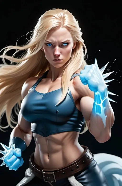 Prompt: Female figure. Greater bicep definition. Sharper, clearer blue eyes. Nosebleed. Long Blonde hair flapping. Frostier, glacier effects. Fierce combat stance. Icy Knuckles. 