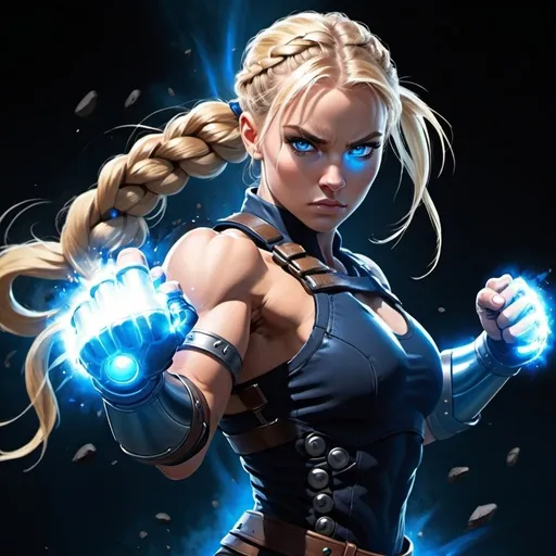 Prompt: Female figure. Greater bicep definition. Dark Blue eyes. Blonde braided ponytail. Fierce combat stance. Raging Gravity-powered Gauntlets. 