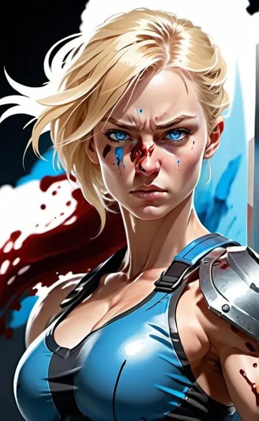 Prompt: Female figure. Greater bicep definition. Sharper, clearer blue eyes. Blonde hair  flapping. Nose bleed. Frostier, glacier effects. Fierce combat stance. 
