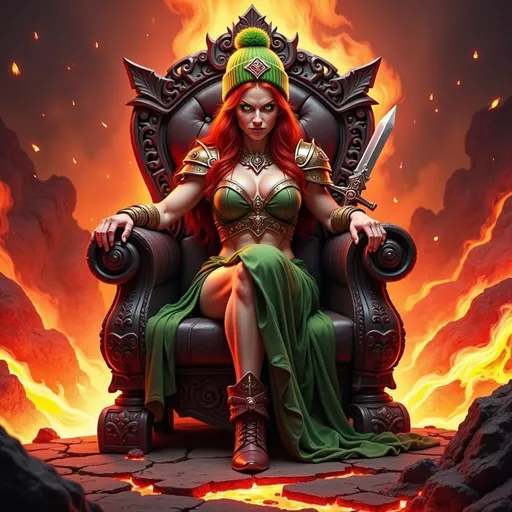 Prompt: @wbV7YKlXTFt2cBPb46HT is still on a throne, amidst a Kingdom of Lava with a crown on her head. 