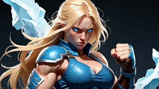 Prompt: Female figure. Greater bicep definition. Sharper, clearer blue eyes. Nosebleed. Long Blonde hair flapping. Frostier, glacier effects. Fierce combat stance. Raging Fists. 