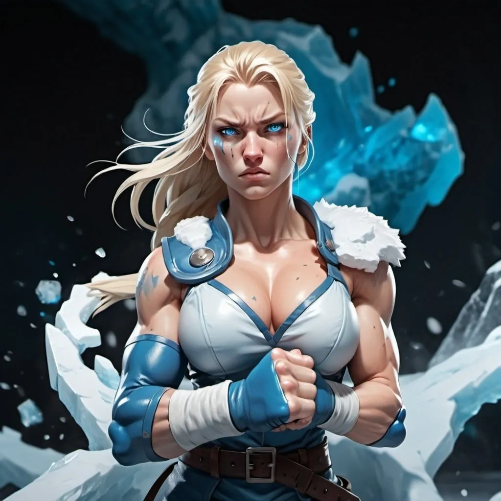 Prompt: Female figure. Greater bicep definition. Sharper, clearer blue eyes. Nosebleed. Long Blonde hair flapping. Frostier, glacier effects. Fierce combat stance. Raging Fists. Icy Knuckles. 