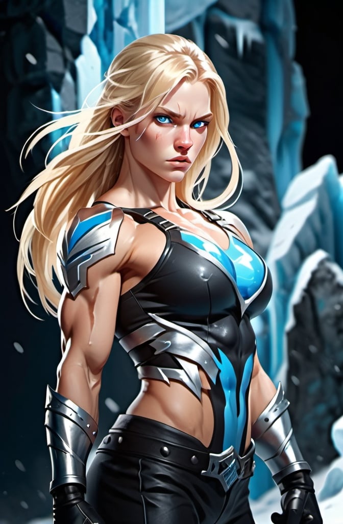 Prompt: Female figure. Greater bicep definition. Sharper, clearer blue eyes. Nosebleed. Long Blonde hair flapping. Frostier, glacier effects. Fierce combat stance. Icy Knuckles.