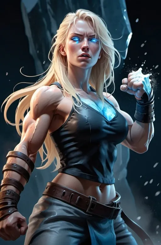 Prompt: Female figure. Greater bicep definition. Sharper, clearer blue eyes. Bleeding. Long Blonde hair flapping. Frostier, glacier effects. Fierce combat stance. Raging Fists. Icy Knuckles.