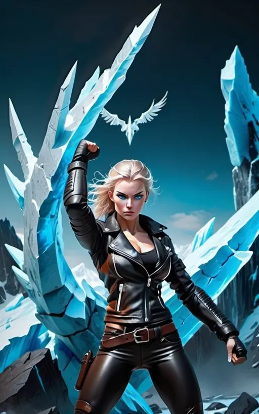 Prompt: Female figure. Greater bicep definition. Sharper, clearer blue eyes.  Frostier, glacier effects. Fierce combat stance. Leather Jacket. 