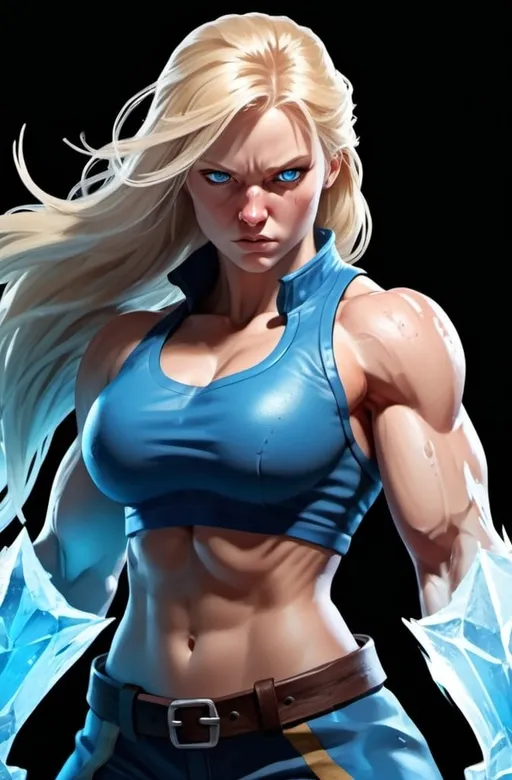 Prompt: Female figure. Greater bicep definition. Sharper, clearer blue eyes. Nosebleed. Long Blonde hair flapping. Frostier, glacier effects. Fierce combat stance. Raging Fists. Icy Knuckles.