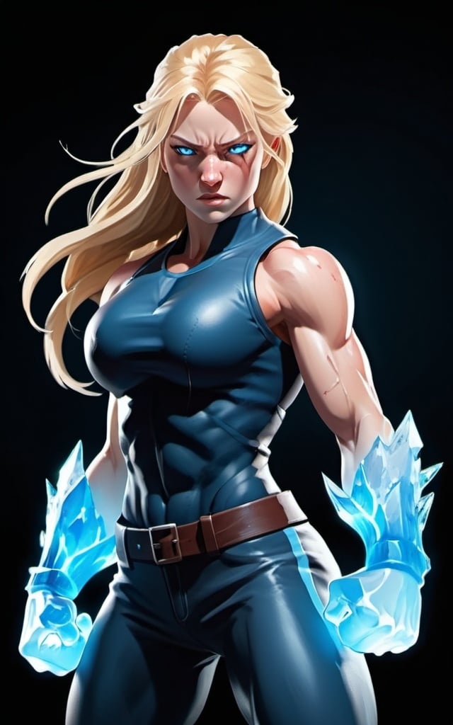 Prompt: Female figure. Greater bicep definition. Sharper, clearer blue eyes. Nosebleed. Long Blonde hair flapping. Frostier, glacier effects. Fierce combat stance. Raging Fists. Icy Knuckles.