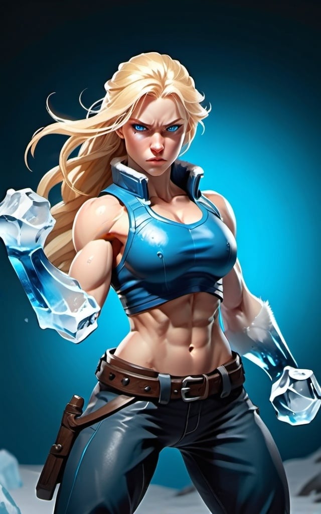 Prompt: Female figure. Greater bicep definition. Sharper, clearer blue eyes. Long Blonde hair flapping. Frostier, glacier effects. Fierce combat stance. Ice Fists.