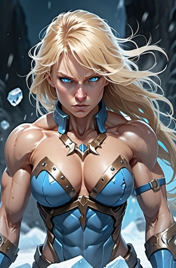 Prompt: Female figure. Greater bicep definition. Sharper, clearer blue eyes. Nosebleed. Blue armor suit. Long Blonde hair flapping. Frostier, glacier effects. Fierce combat stance. Raging Fists. Icy Knuckles. 