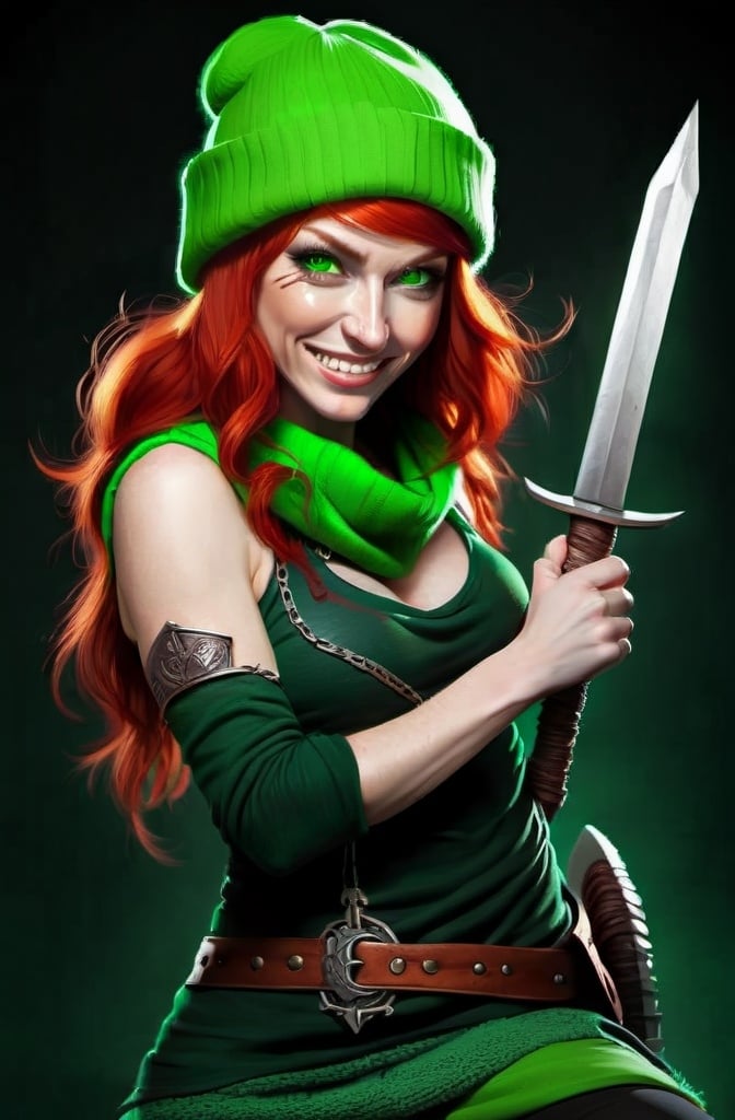 Prompt:  Evil red-haired warrior woman, wearing a green beanie and a mischievous smirk. Green eyes. She is sitting on a Throne. 