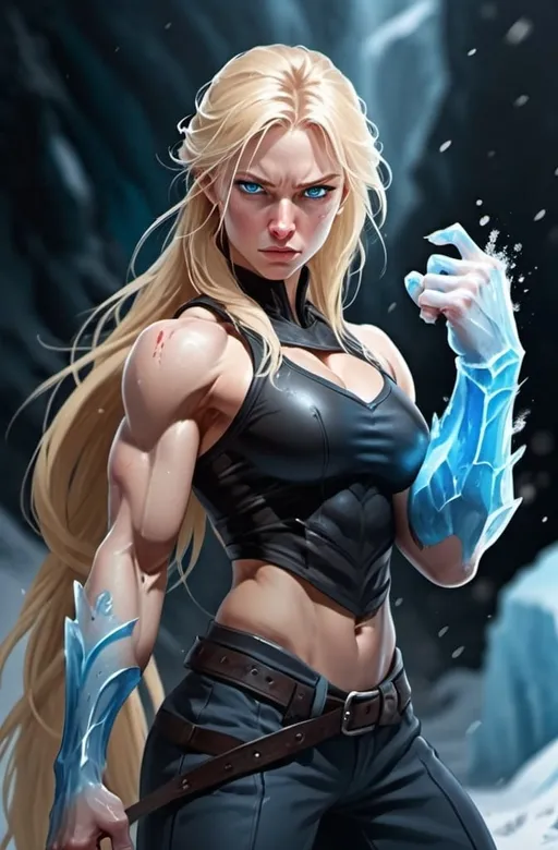 Prompt: Female figure. Greater bicep definition. Sharper, clearer blue eyes. Bleeding. Long Blonde hair flapping. Frostier, glacier effects. Fierce combat stance. Icy Knuckles.