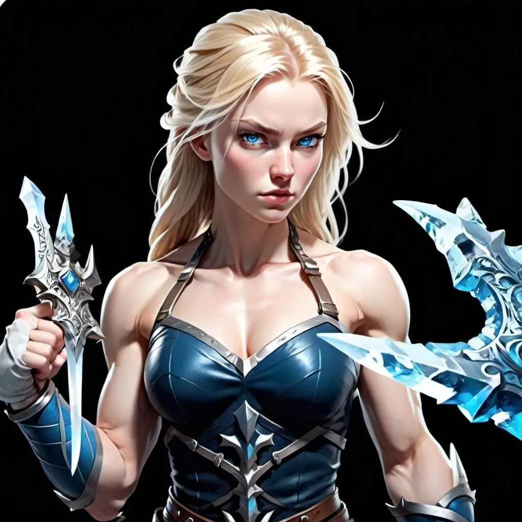 Prompt: Female figure. Greater bicep definition. Sharper, clearer blue eyes. Long Blonde hair flapping. Frostier, glacier effects. Fierce combat stance. Ice Daggers.