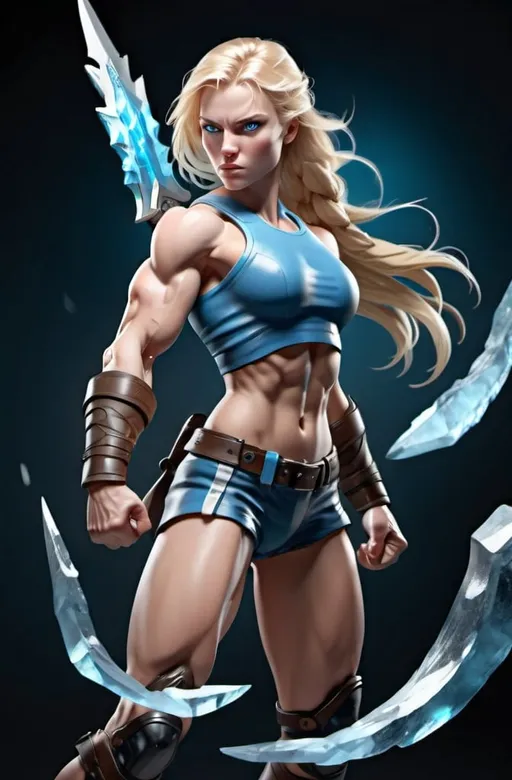 Prompt: Female figure. Greater bicep definition. Sharper, clearer blue eyes. Blonde hair flapping. Frostier, glacier effects. Fierce combat stance. 