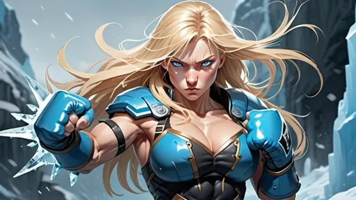 Prompt: Female figure. Greater bicep definition. Sharper, clearer blue eyes. Nosebleed. Long Blonde hair flapping. Frostier, glacier effects. Fierce combat stance. Raging Fists. Icy Knuckles. 