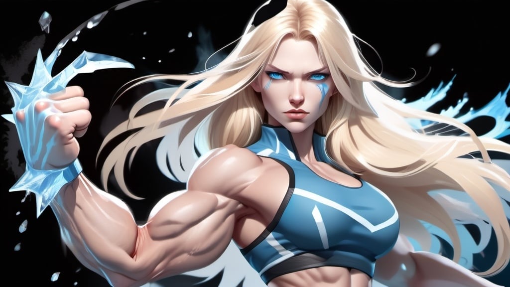 Prompt: Female figure. Greater bicep definition. Sharper, clearer blue eyes. Nosebleed. Long Blonde hair flapping. Frostier, glacier effects. Fierce combat stance. Raging Fists. Icy Knuckles.