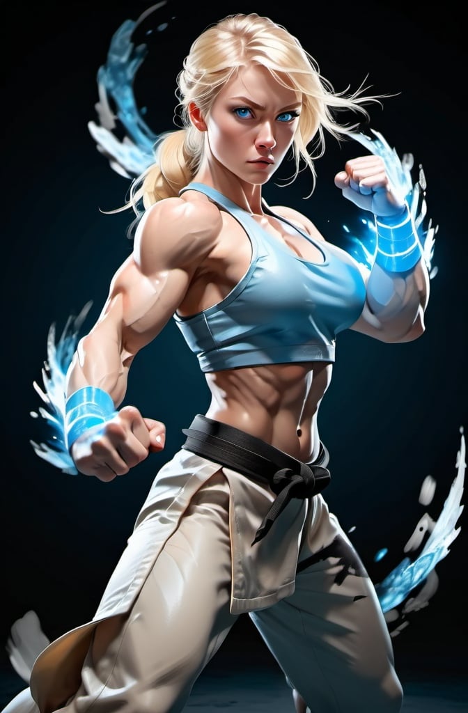 Prompt: Female figure. Greater bicep definition. Sharper, clearer blue eyes. Blonde hair flapping. Frostier, glacier effects. Fierce combat stance. Martial arts. 