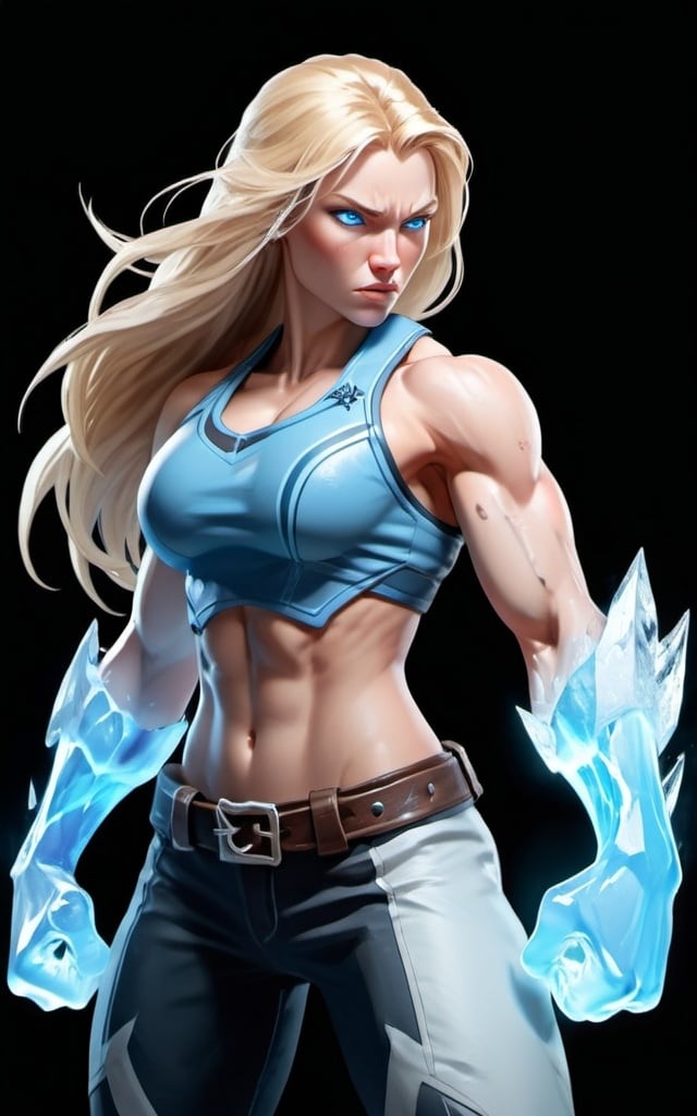 Prompt: Female figure. Greater bicep definition. Sharper, clearer blue eyes. Long Blonde hair flapping. Frostier, glacier effects. Fierce combat stance. Icy Knuckles. Raging Fists.