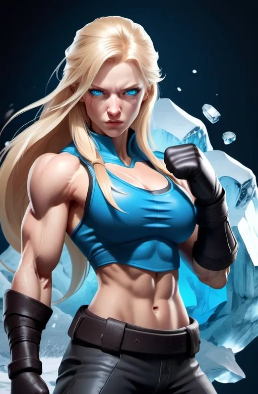 Prompt: Female figure. Greater bicep definition. Sharper, clearer blue eyes. Nosebleed. Long Blonde hair flapping. Frostier, glacier effects. Fierce combat stance. Raging Fists. Icy Knuckles.