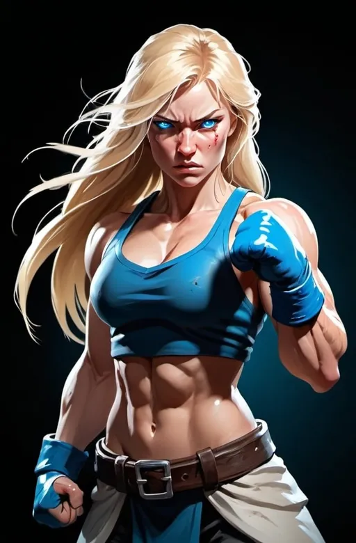 Prompt: Female figure. Greater bicep definition. Sharper, clearer blue eyes. Bleeding. Long Blonde hair flapping. Frostier, glacier effects. Fierce combat stance. Raging Fists. 