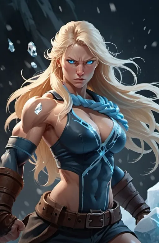 Prompt: Female figure. Greater bicep definition. Sharper, clearer blue eyes. Nosebleed. Long Blonde hair flapping. Frostier, glacier effects. Fierce combat stance. Raging Fists. Icy Knuckles.