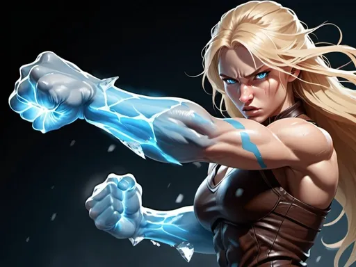 Prompt: Female figure. Greater bicep definition. Sharper, clearer blue eyes. Nosebleed. Long Blonde hair flapping. Frostier, glacier effects. Fierce combat stance. Raging Fists. Icy Knuckles. 