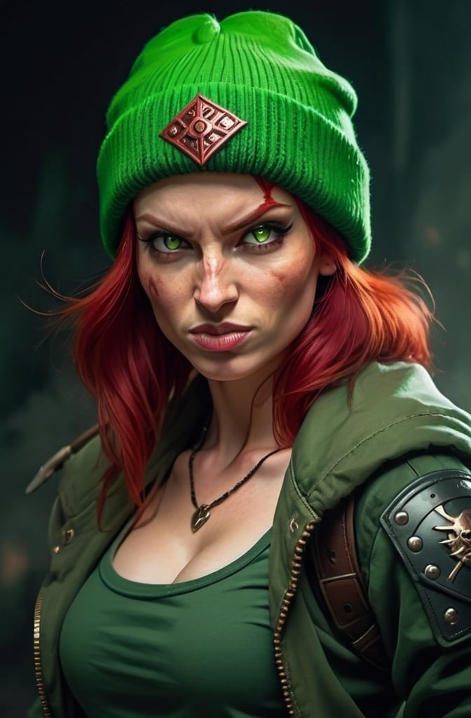 Prompt: Evil red-haired warrior woman, wearing a green beanie and a mischievous smirk. Carmine, red eyes. Fierce combat stance. 