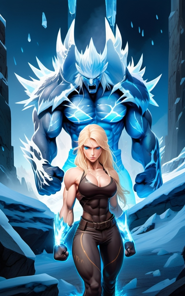 Prompt:  Female figure. Greater bicep definition. Sharper, clearer blue eyes. Nosebleed. Long Blonde hair flapping. Frostier, glacier effects. Fierce combat stance. Raging Fists. Icy Knuckles. 