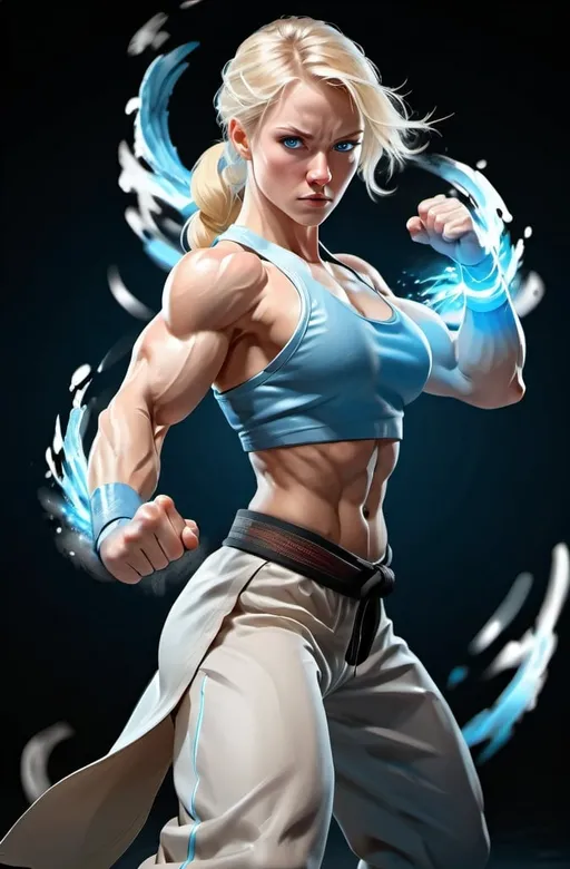 Prompt: Female figure. Greater bicep definition. Sharper, clearer blue eyes. Blonde hair flapping. Frostier, glacier effects. Fierce combat stance. Martial arts. 