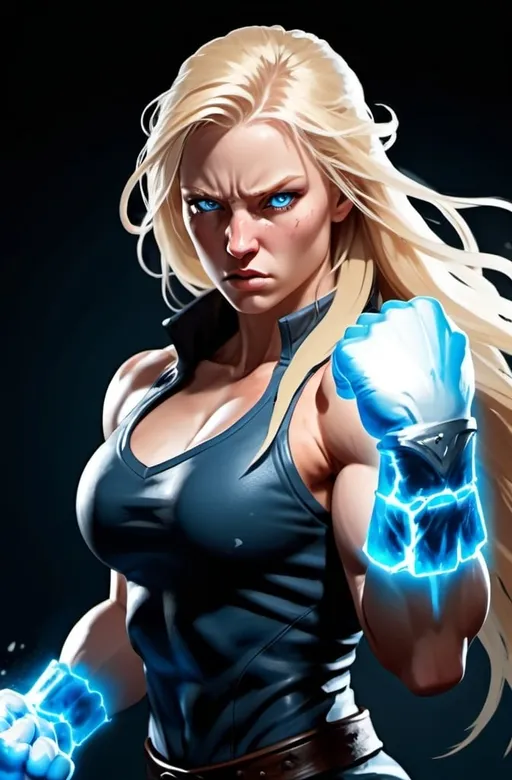 Prompt: Female figure. Greater bicep definition. Sharper, clearer blue eyes. Nosebleed. Long Blonde hair flapping. Frostier, glacier effects. Fierce combat stance. Raging Fists. Icy Knuckles.