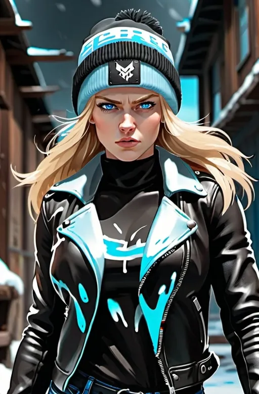 Prompt: Female figure. Greater bicep definition. Sharper, clearer blue eyes. Long Blonde hair flapping. Leather Jacket. Black Beanie Frostier, glacier effects. Fierce combat stance.