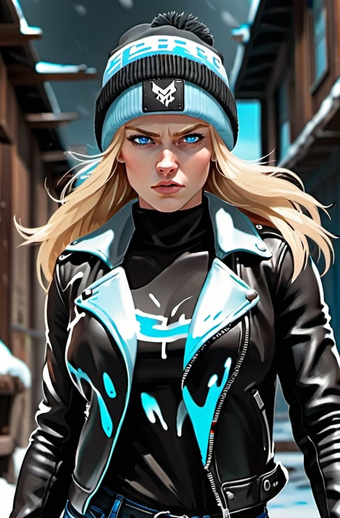 Prompt: Female figure. Greater bicep definition. Sharper, clearer blue eyes. Long Blonde hair flapping. Leather Jacket. Black Beanie Frostier, glacier effects. Fierce combat stance.