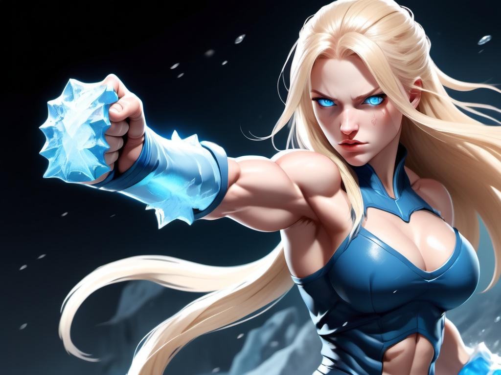 Prompt: Female figure. Greater bicep definition. Sharper, clearer blue eyes. Nosebleed. Long Blonde hair flapping. Frostier, glacier effects. Fierce combat stance. Raging Fists. Icy Knuckles.