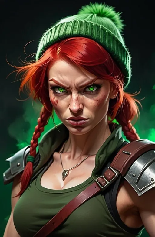 Prompt: Evil red-haired warrior woman, wearing a green beanie and a mischievous smirk. Carmine, red eyes. Fierce combat stance. 