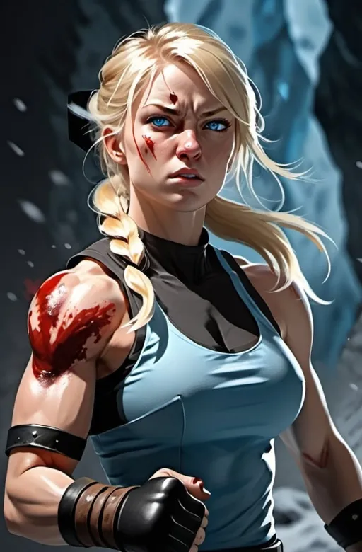 Prompt: Female figure. Greater bicep definition. Sharper, clearer blue eyes. Nose bleed. Blonde hair flapping. Frostier, glacier effects. Fierce combat stance. Raging Fists. 