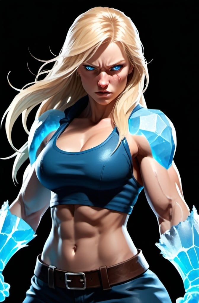 Prompt: Female figure. Greater bicep definition. Sharper, clearer blue eyes. Nosebleed. Long Blonde hair flapping. Frostier, glacier effects. Fierce combat stance. Raging Fists. Icy Knuckles. 