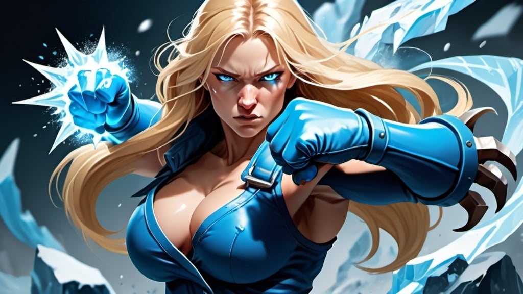 Prompt: Female figure. Greater bicep definition. Sharper, clearer blue eyes. Nosebleed. Long Blonde hair flapping. Blue outfit. Frostier, glacier effects. Fierce combat stance. Raging Fists. Icy Knuckles. 