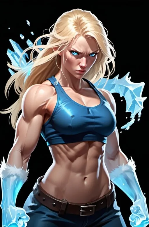 Prompt: Female figure. Greater bicep definition. Sharper, clearer blue eyes. Nosebleed. Long Blonde hair flapping. Frostier, glacier effects. Fierce combat stance. Raging Fists. Icy Knuckles. 