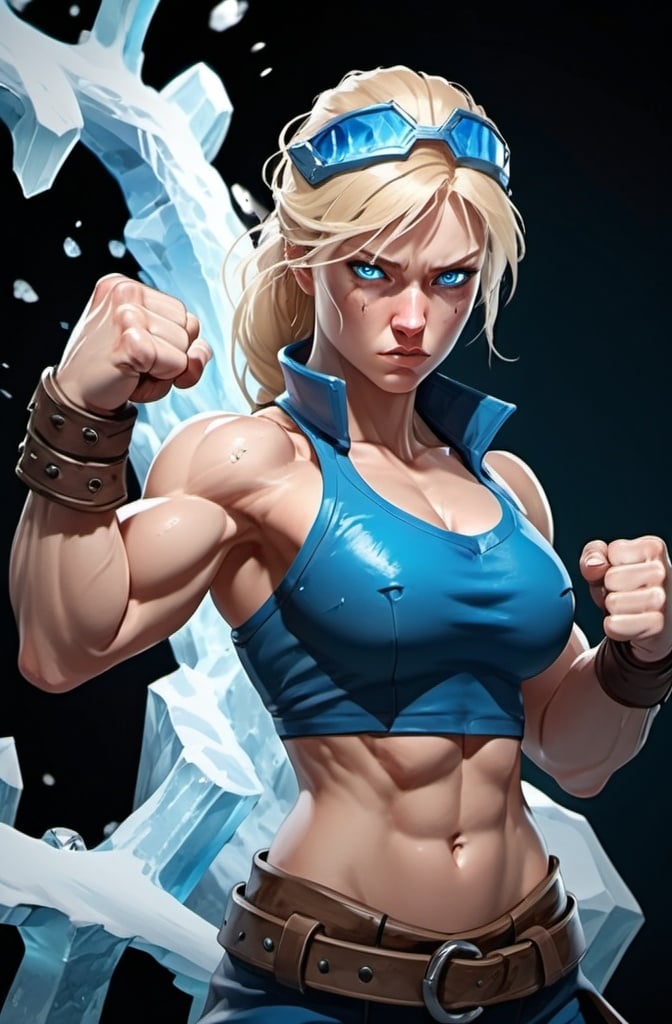 Prompt: Female figure. Greater bicep definition. Sharper, clearer blue eyes. Bleeding. Long Blonde hair flapping. Frostier, glacier effects. Fierce combat stance. Raging Fists. Icy Knuckles. 